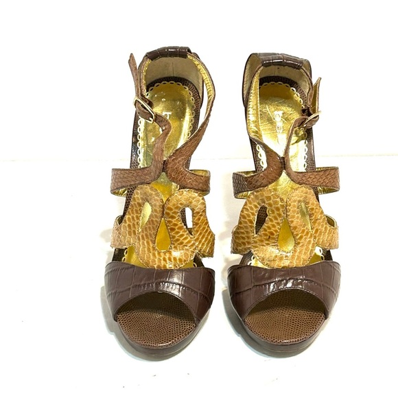 BEBE Sadie Brown Leather Stiletto Heels Open Toe Platform Shoes Sandals Size 8 - Picture 2 of 11